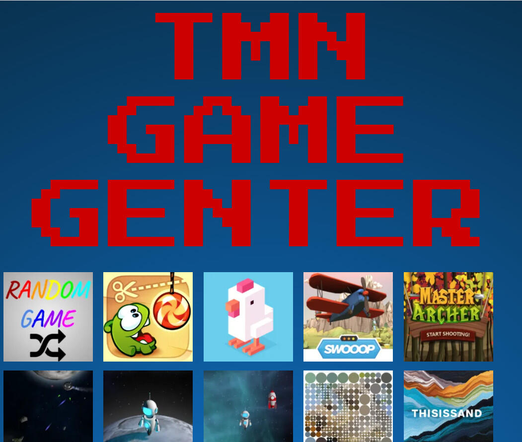 Screenshot of a games website with a blue background and red text